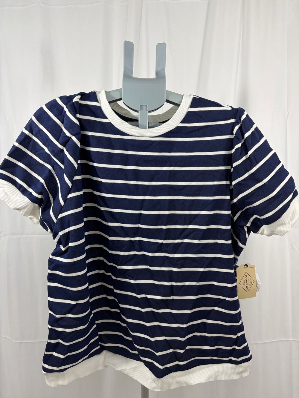 NWT St. John’s Bay Women’s Size 0X Navy & White Striped Puff Sleeve Top